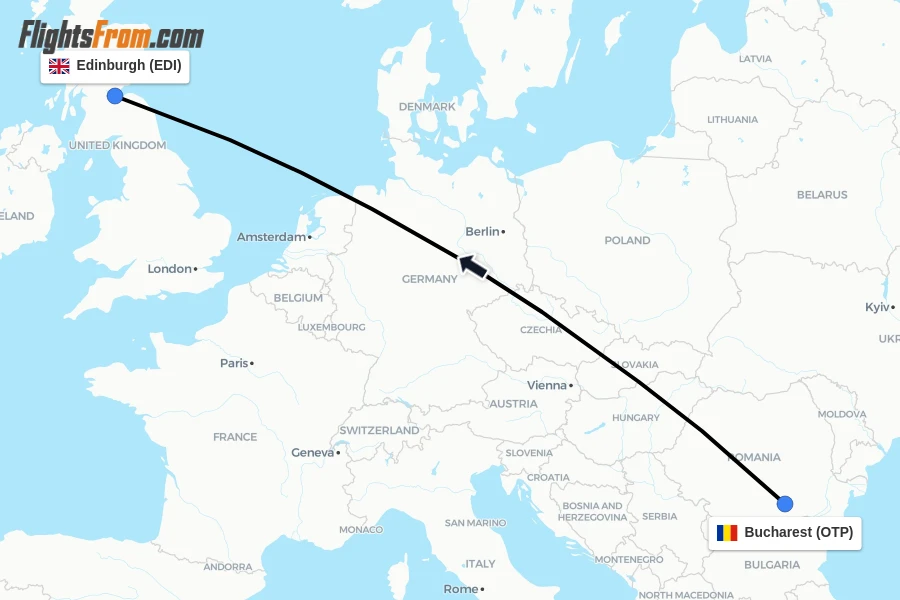 Flights from Bucharest to Edinburgh route map