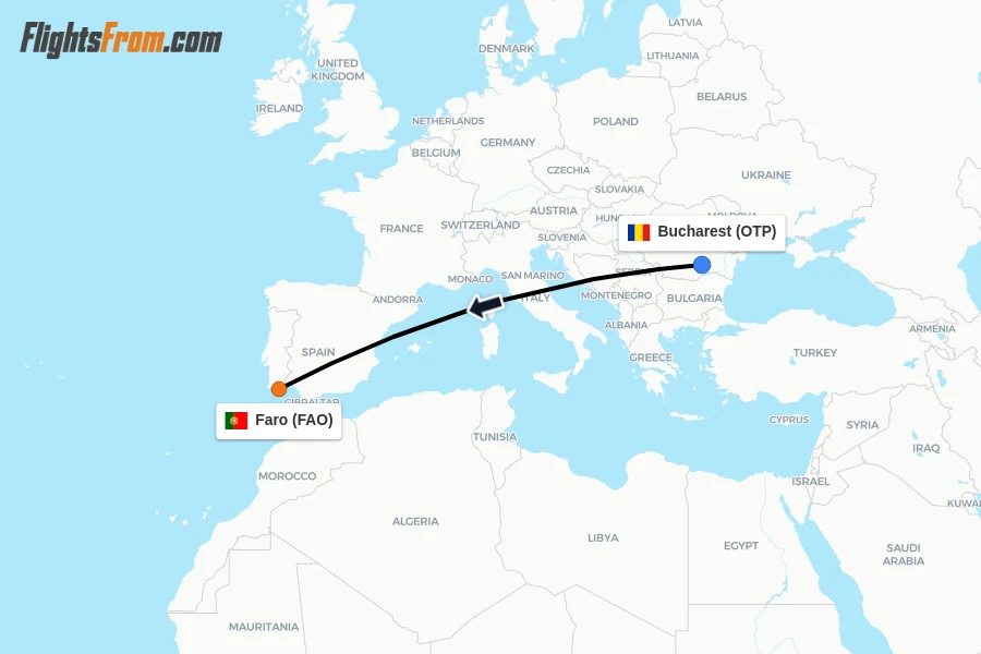 Flights from Bucharest to Faro route map
