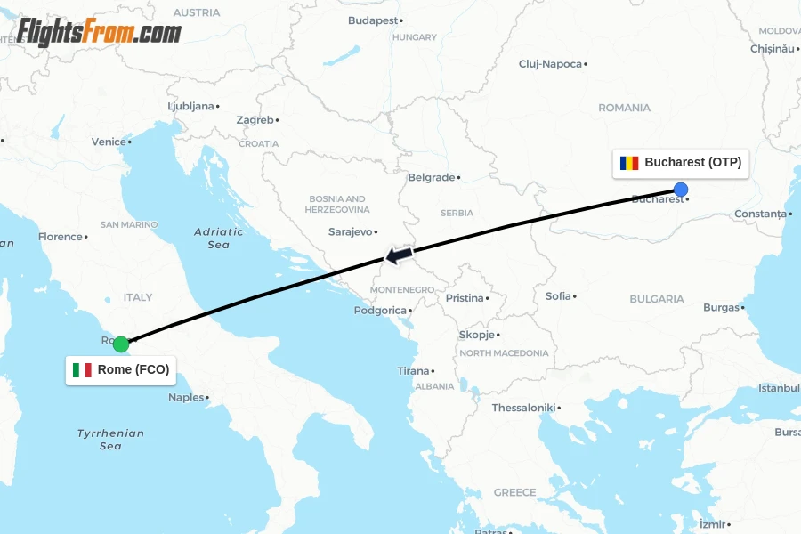 Flights from Bucharest to Rome route map