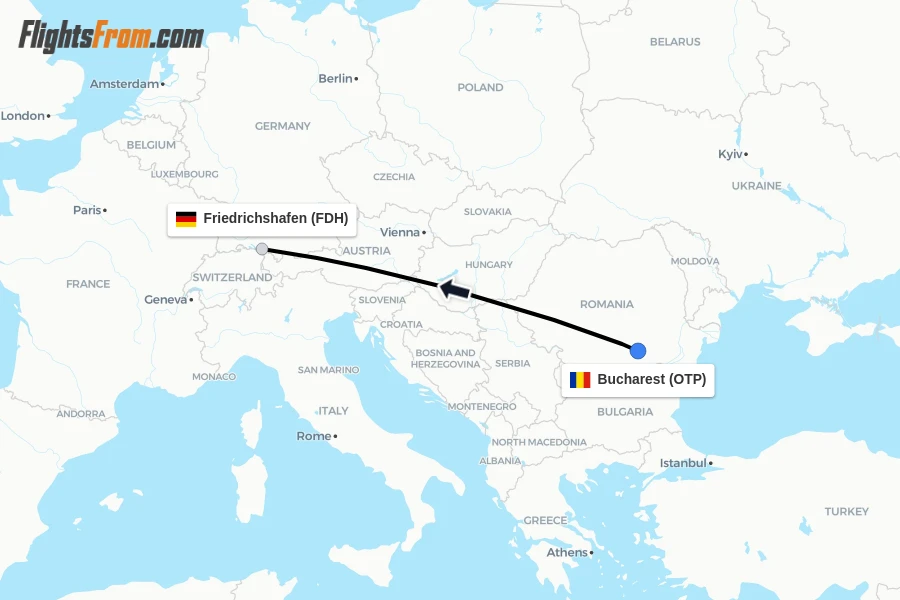 Flights from Bucharest to Friedrichshafen route map