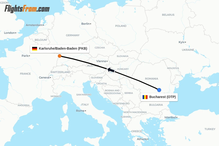 Flights from Bucharest to Karlsruhe/Baden-Baden route map