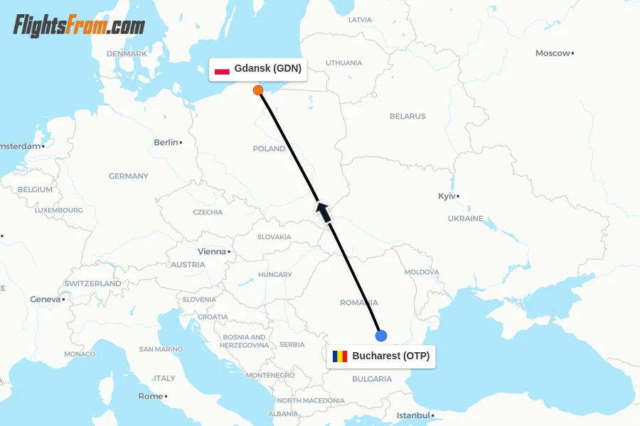 Flights from Bucharest to Gdansk route map