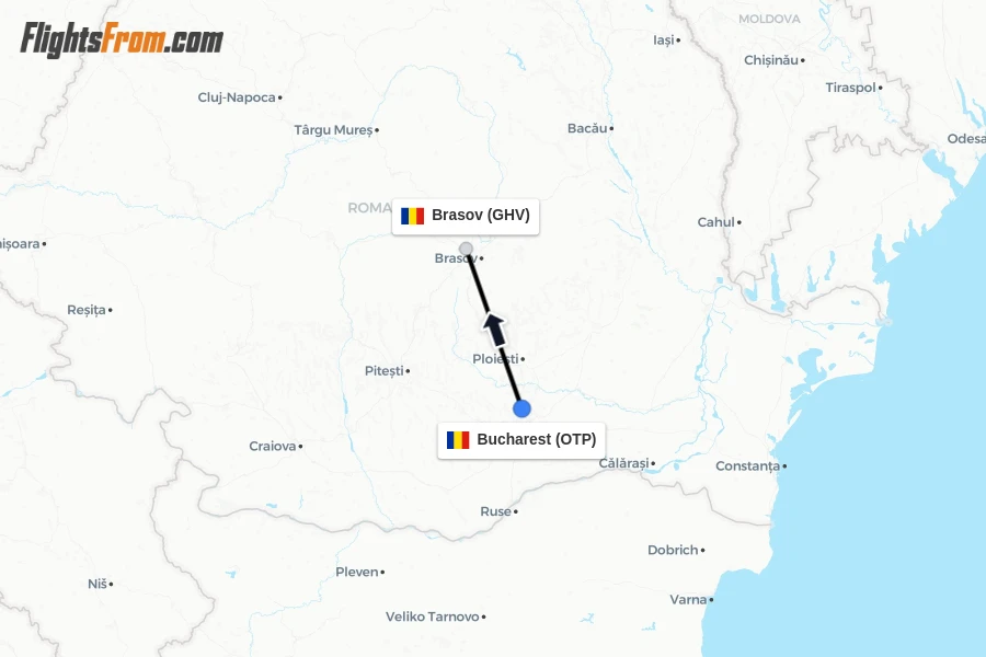 Flights from Bucharest to Brasov route map