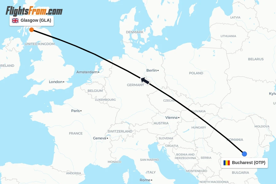 Flights from Bucharest to Glasgow route map