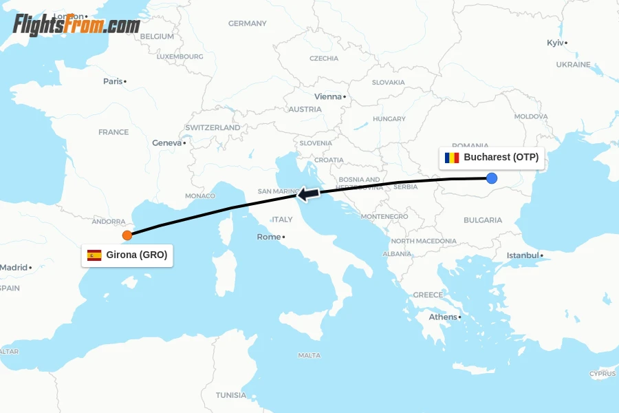 Flights from Bucharest to Girona route map