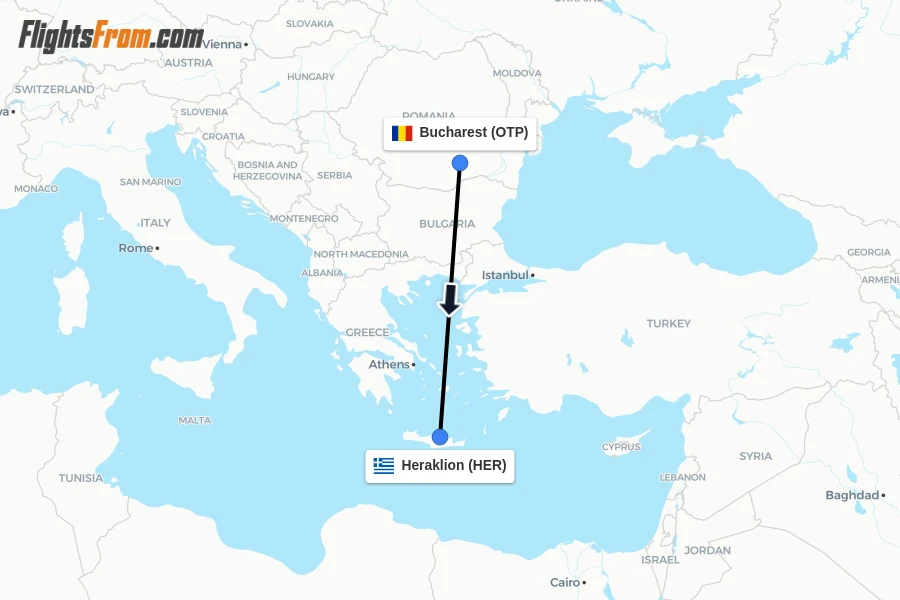 Flights from Bucharest to Heraklion route map