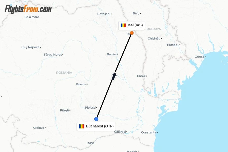 Flights from Bucharest to Iasi route map