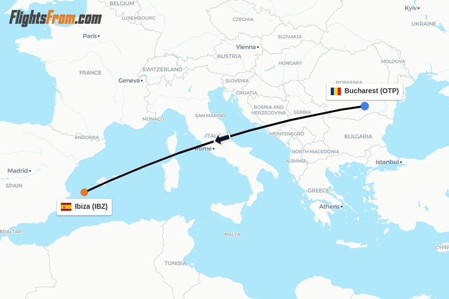 Flights from Bucharest to Ibiza route map