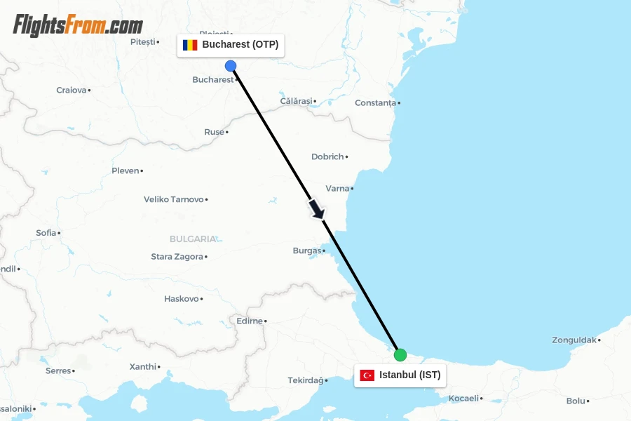 Flights from Bucharest to Istanbul route map