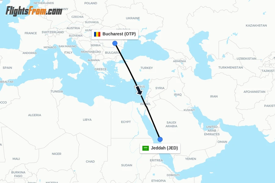 Flights from Bucharest to Jeddah route map