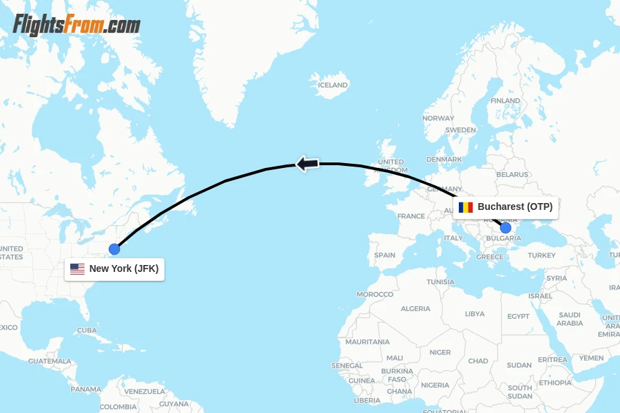 Flights from Bucharest to New York route map