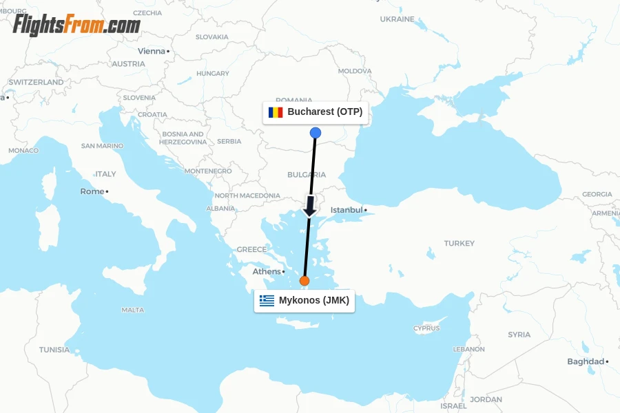 Flights from Bucharest to Mykonos route map