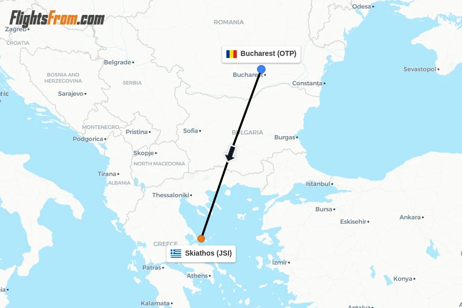 Flights from Bucharest to Skiathos route map