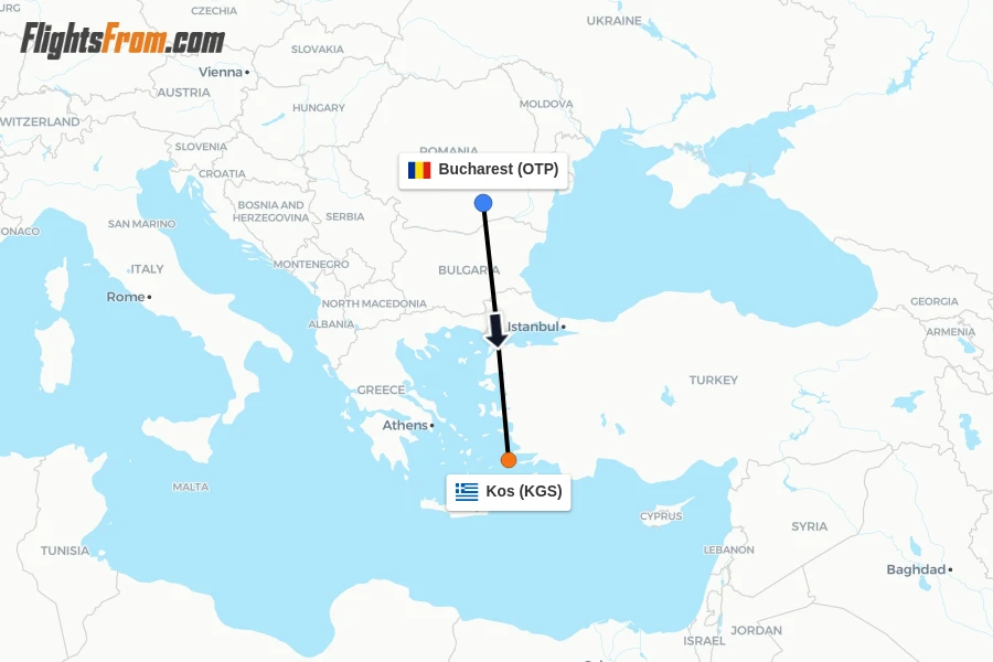 Flights from Bucharest to Kos route map