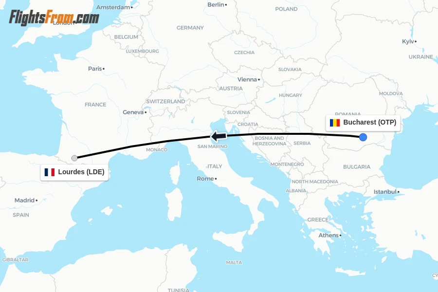 Flights from Bucharest to Lourdes route map