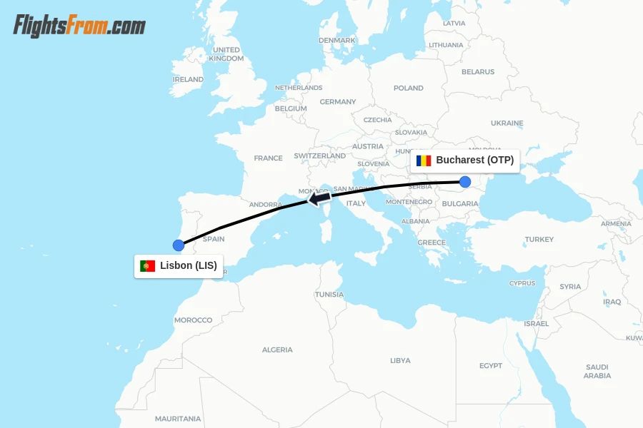 Flights from Bucharest to Lisbon route map