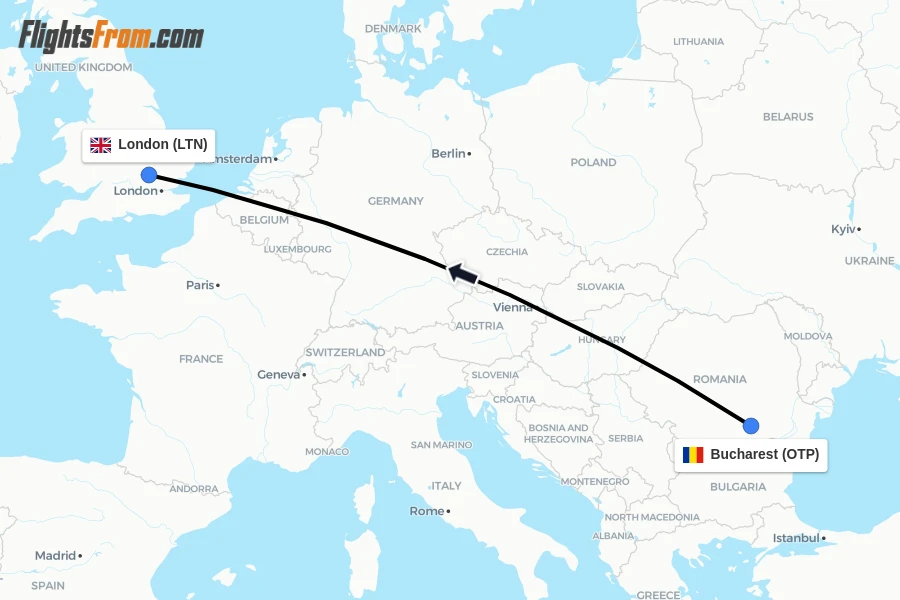 Flights from Bucharest to London route map