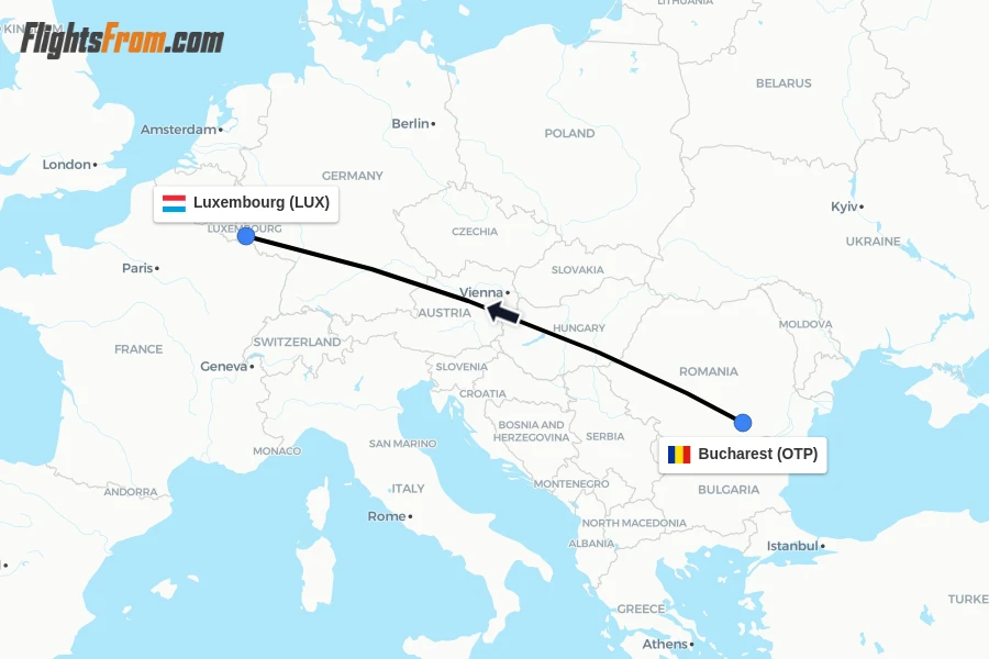 Flights from Bucharest to Luxembourg route map
