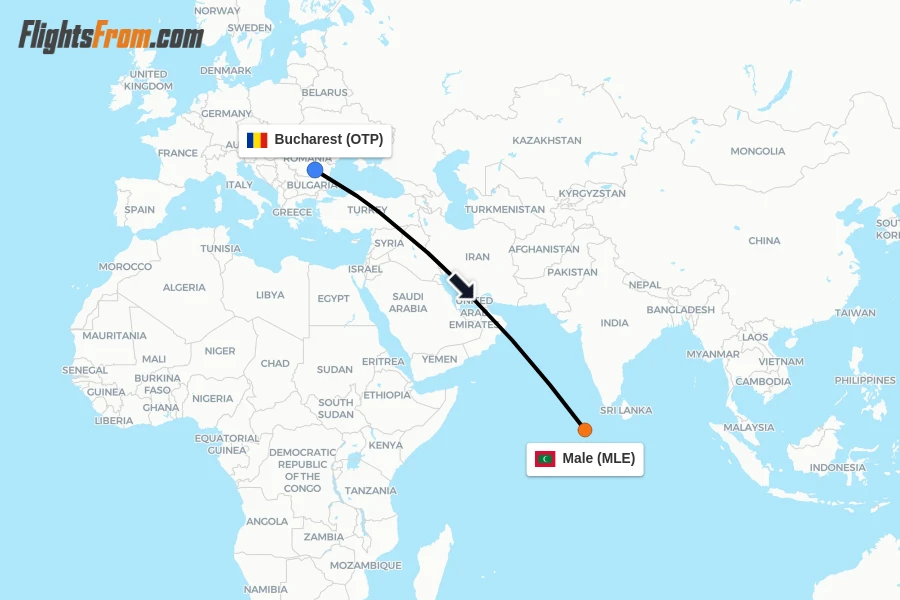 Flights from Bucharest to Male route map