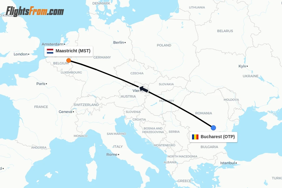 Flights from Bucharest to Maastricht route map