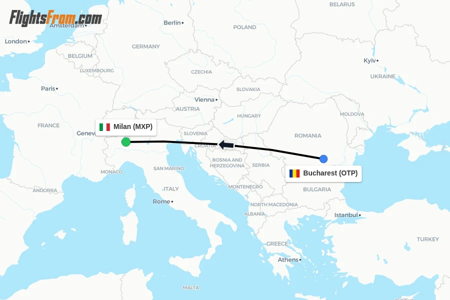 Flights from Bucharest to Milan route map