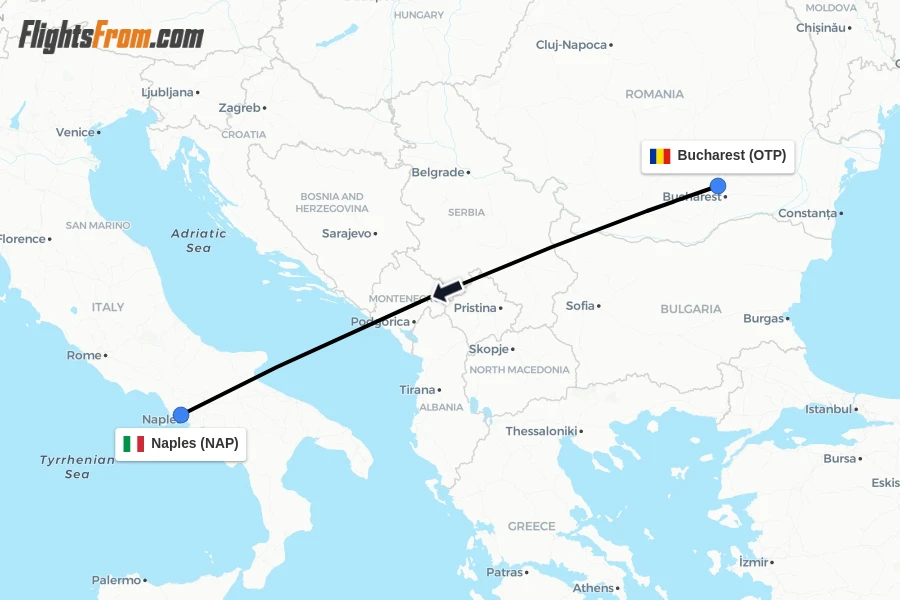 Flights from Bucharest to Naples route map