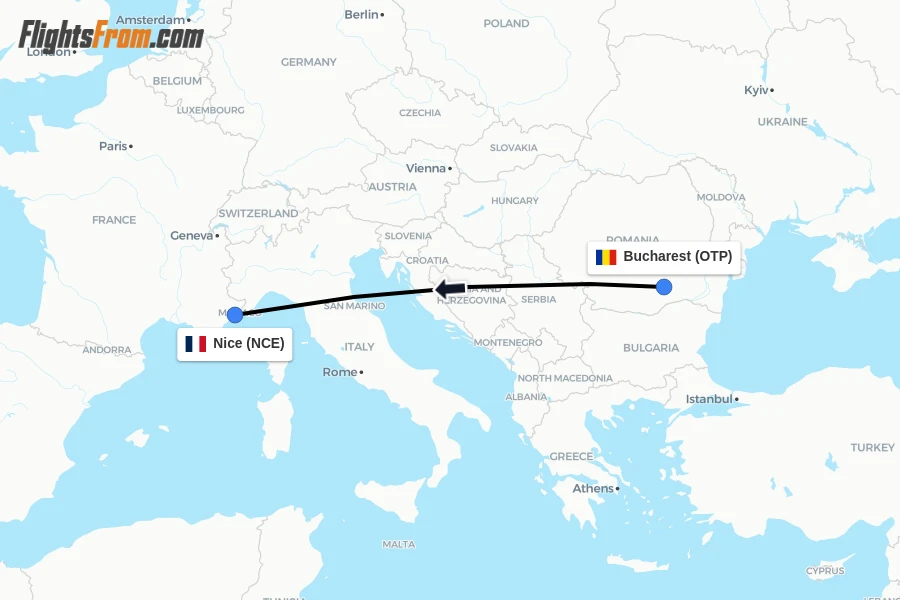 Flights from Bucharest to Nice route map