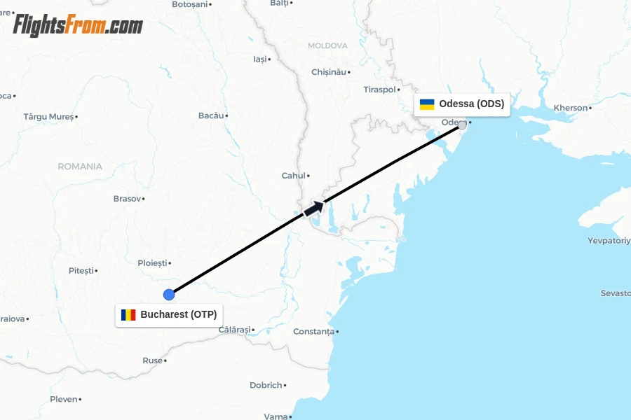 Flights from Bucharest to Odessa route map