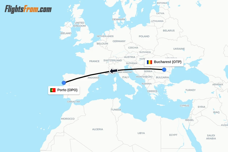 Flights from Bucharest to Porto route map