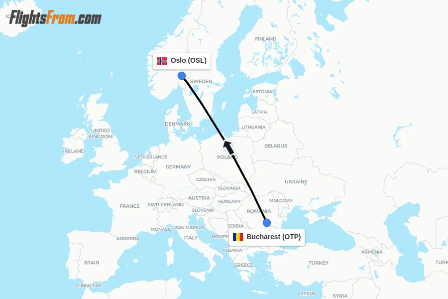 Flights from Bucharest to Oslo route map