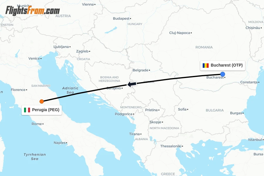 Flights from Bucharest to Perugia route map