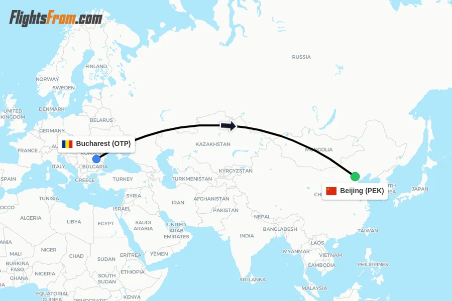 Flights from Bucharest to Beijing route map
