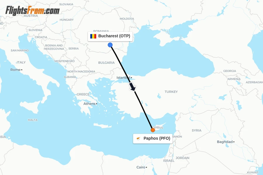Flights from Bucharest to Paphos route map