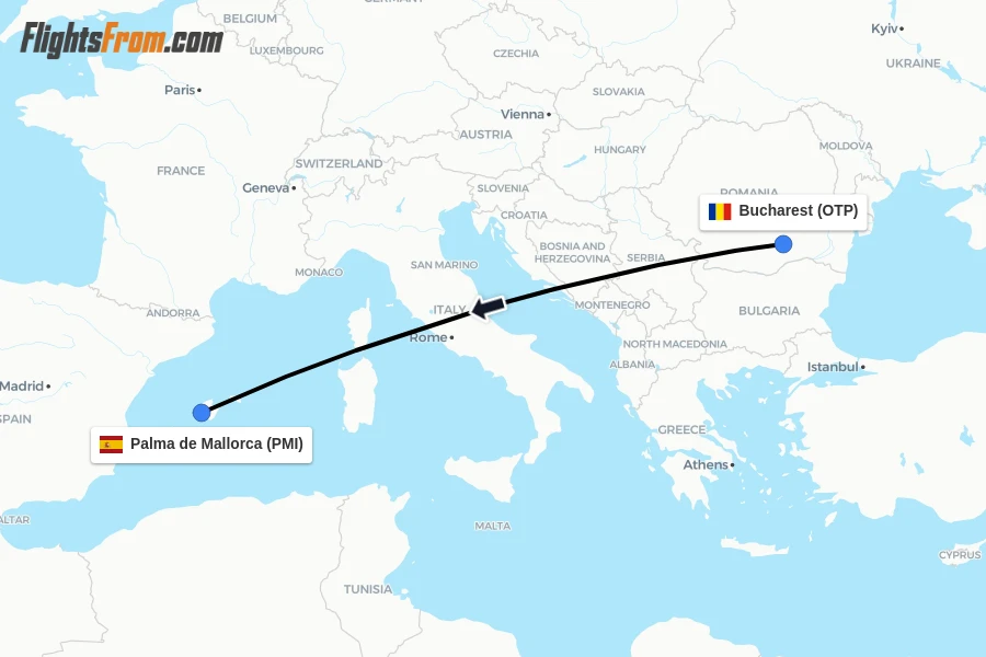 Flights from Bucharest to Palma de Mallorca route map