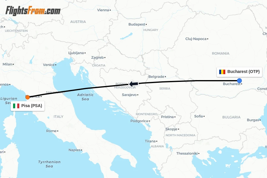 Flights from Bucharest to Pisa route map