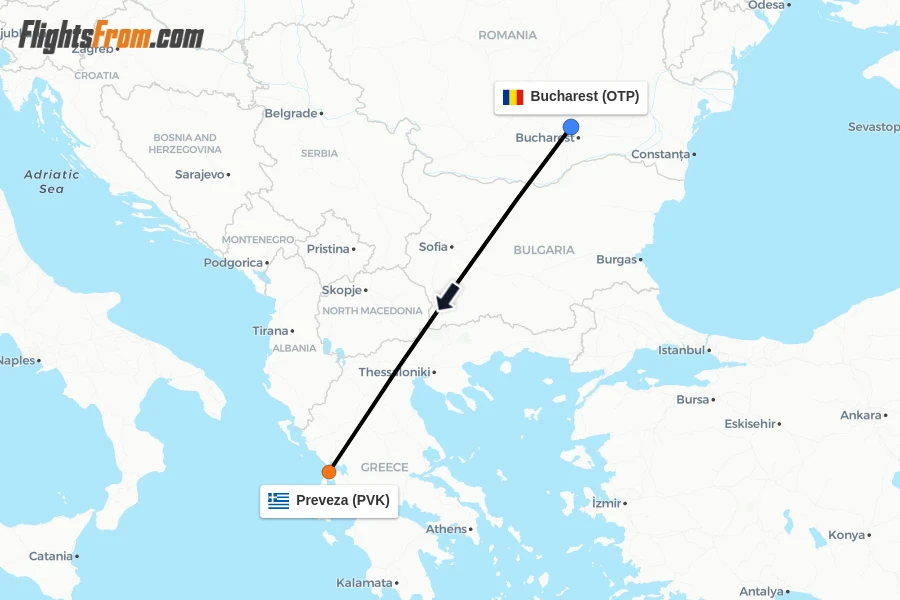 Flights from Bucharest to Preveza route map