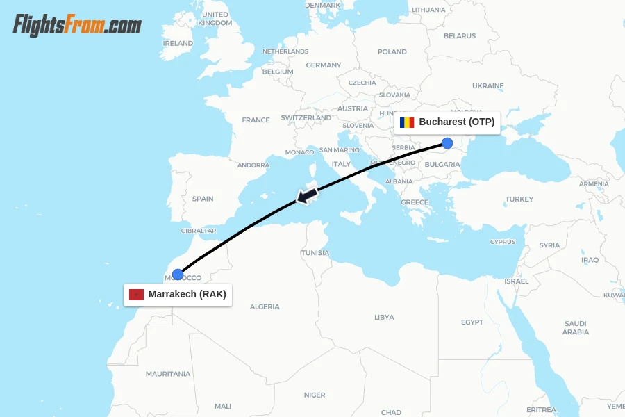 Flights from Bucharest to Marrakech route map
