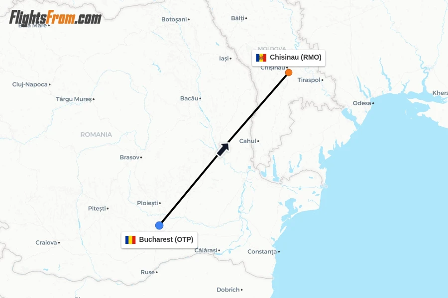 Flights from Bucharest to Chisinau route map