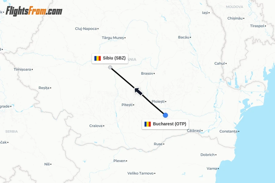 Flights from Bucharest to Sibiu route map