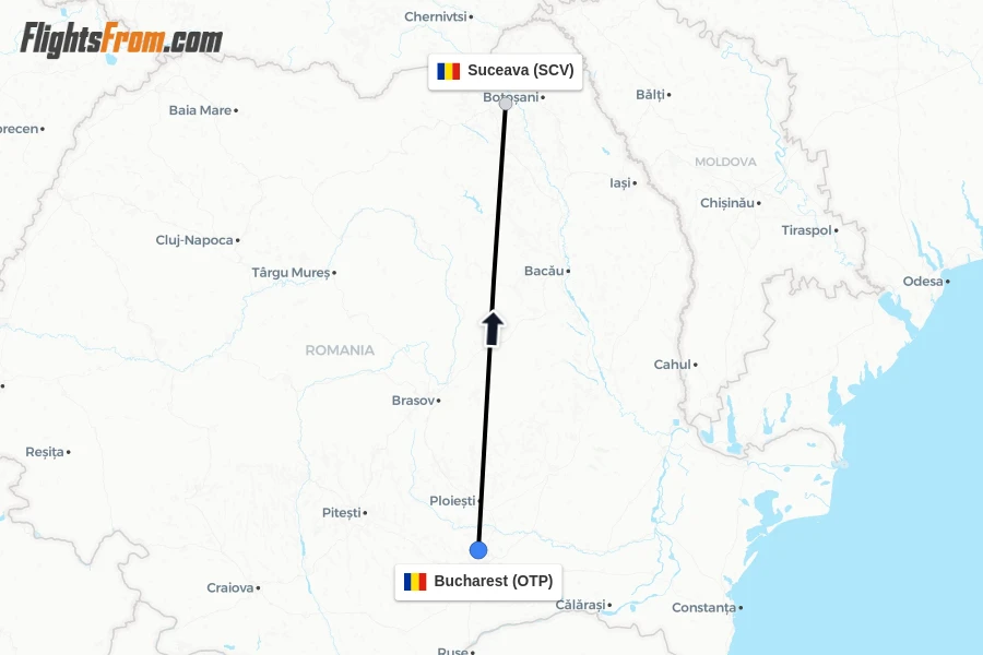 Flights from Bucharest to Suceava route map