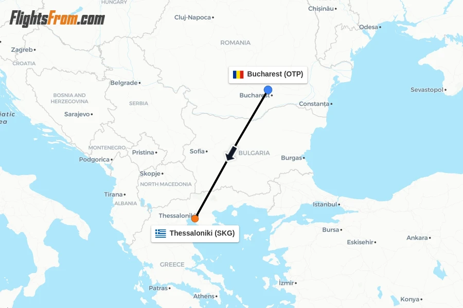 Flights from Bucharest to Thessaloniki route map