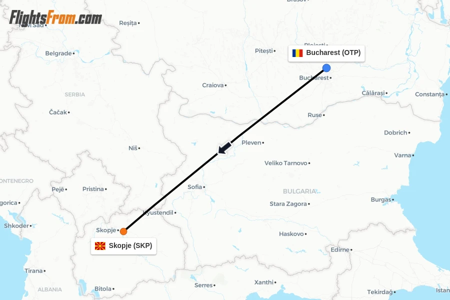 Flights from Bucharest to Skopje route map