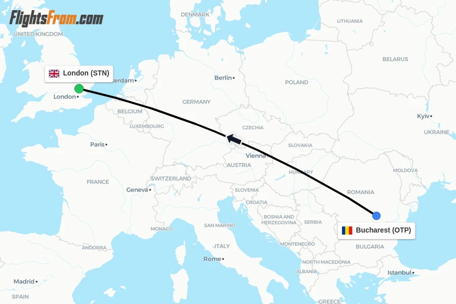 Flights from Bucharest to London route map