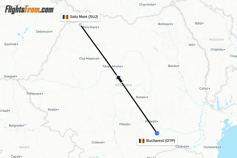 Flights from Bucharest to Satu Mare route map