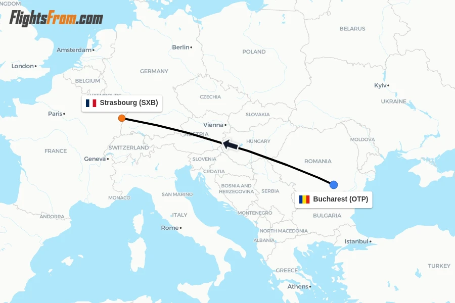 Flights from Bucharest to Strasbourg route map