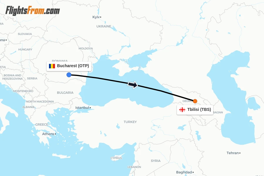Flights from Bucharest to Tbilisi route map