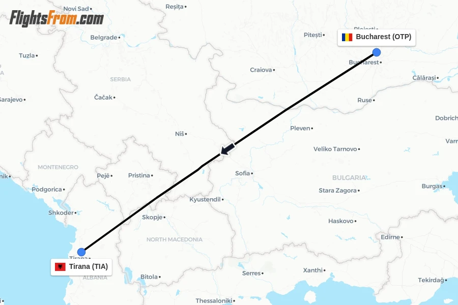 Flights from Bucharest to Tirana route map