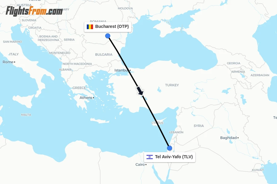 Flights from Bucharest to Tel Aviv-Yafo route map