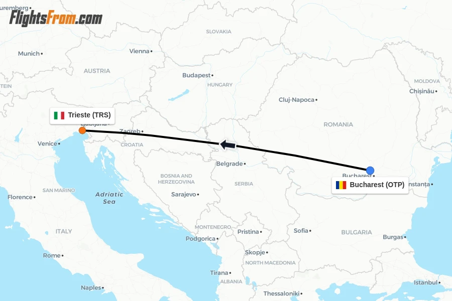 Flights from Bucharest to Trieste route map