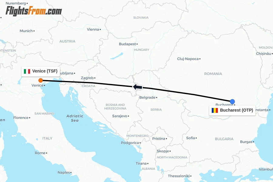 Flights from Bucharest to Venice route map